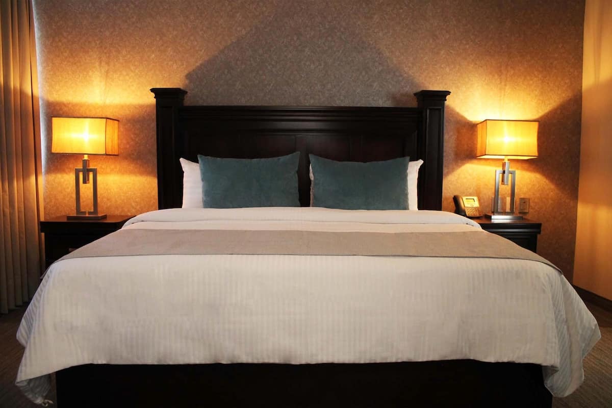 A hotel room with a large bed, two bedside tables with lamps, and a dark wood headboard.