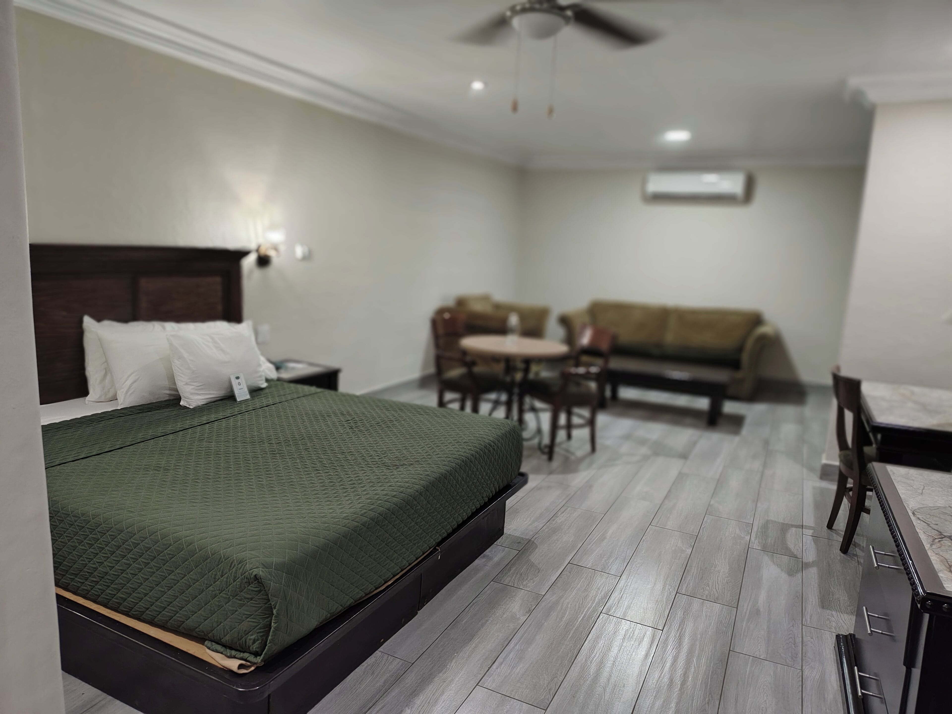 A hotel room with a bed, a desk, a chair, a sofa, and a ceiling fan.