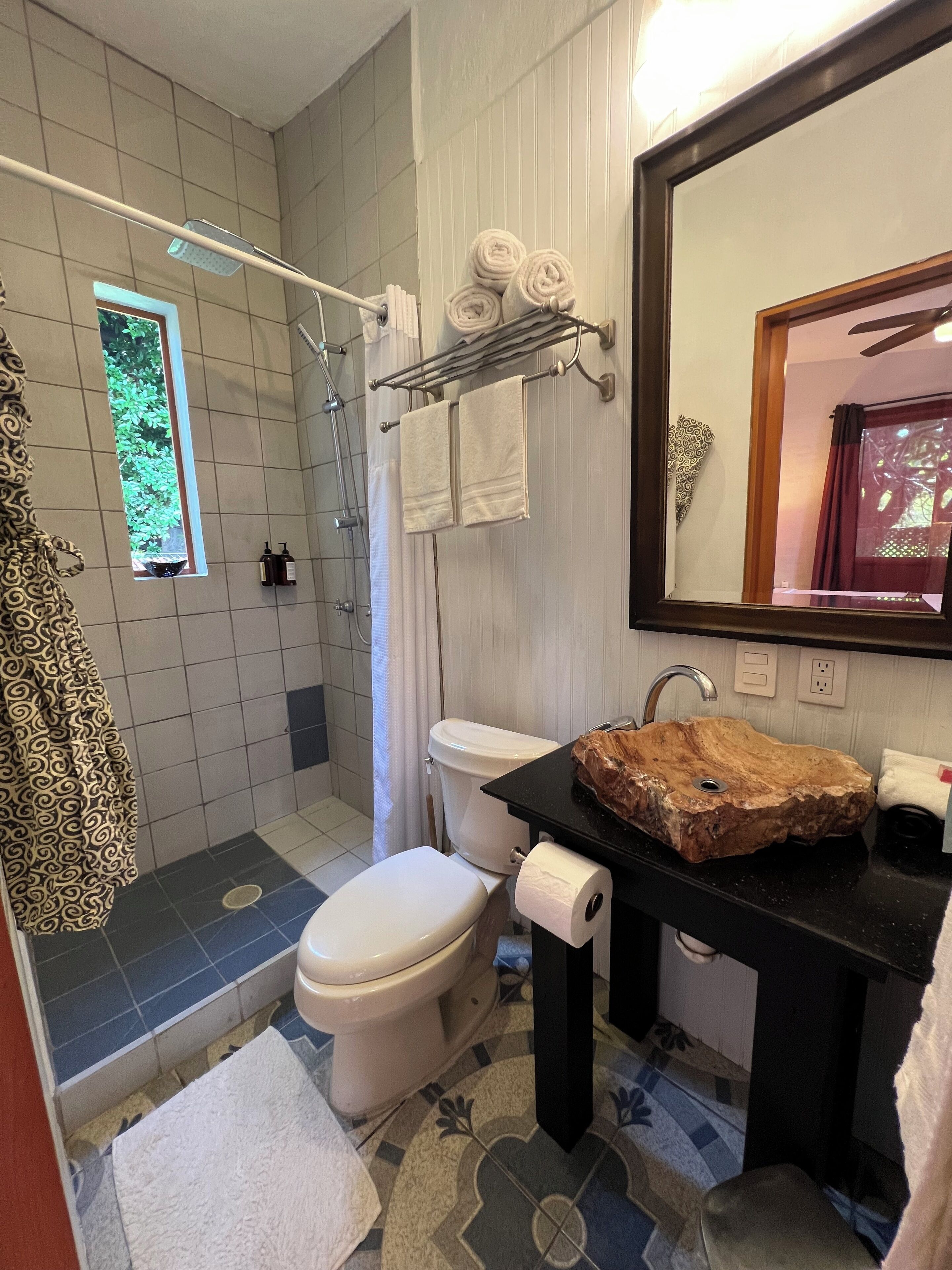 Baño con ducha, inodoro, lavabo y un espejo grande.