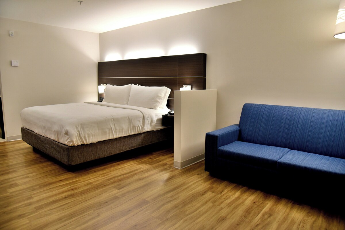 Una habitación de hotel moderna con una cama, un sofá azul y suelo de madera.