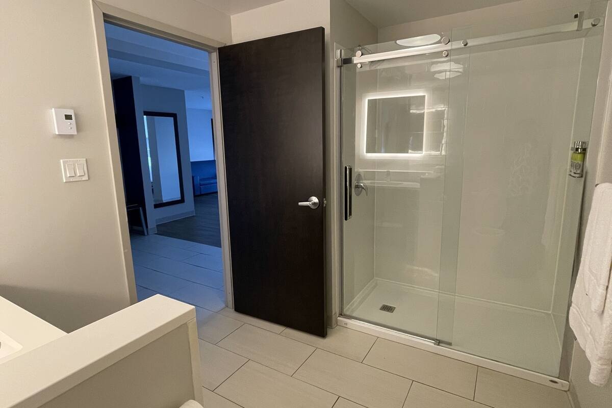 shower, free toiletries, hair dryer, towels