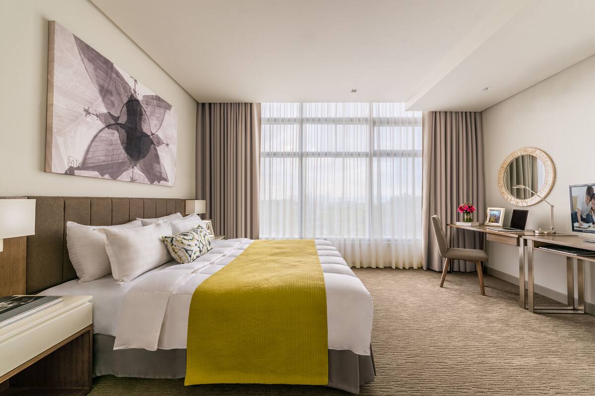 In-room safe, desk, laptop workspace, blackout curtains