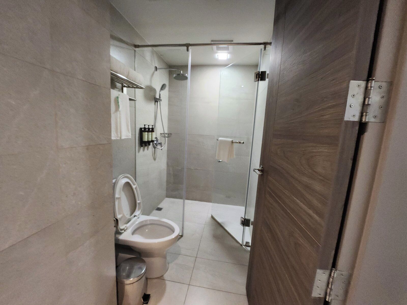 A modern bathroom with a toilet, a shower, and a glass-enclosed shower area.