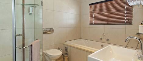 Ein modernes Badezimmer mit Duschkabine aus Glas, Toilette, Badewanne und Waschbecken.