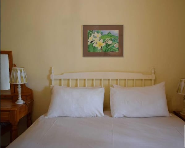 Un dormitorio con cama blanca, dos almohadas blancas, una mesita de noche de madera con una lámpara y un cuadro enmarcado de flores en la pared.