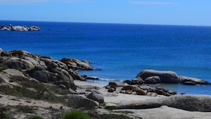 A coastal landscape with large rocks and a clear blue sea. - Gilcrest Place (Paternoster)