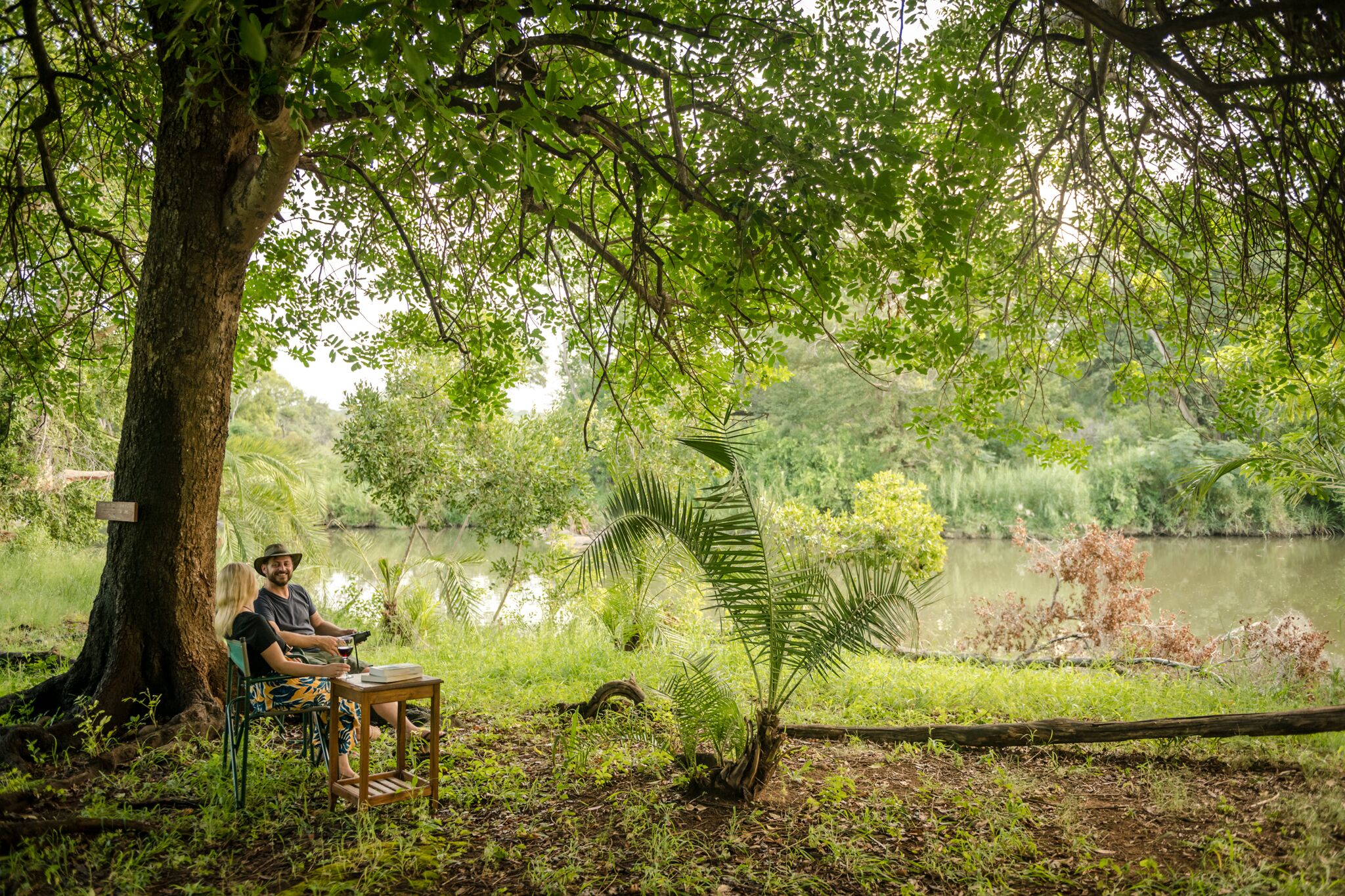 A couple sitting on a bench under a large tree by a calm lake, surrounded by lush greenery.