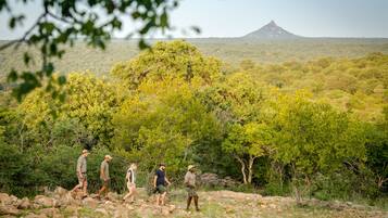 A group of people hiking on a rocky trail surrounded by dense green foliage and a mountain in the background.