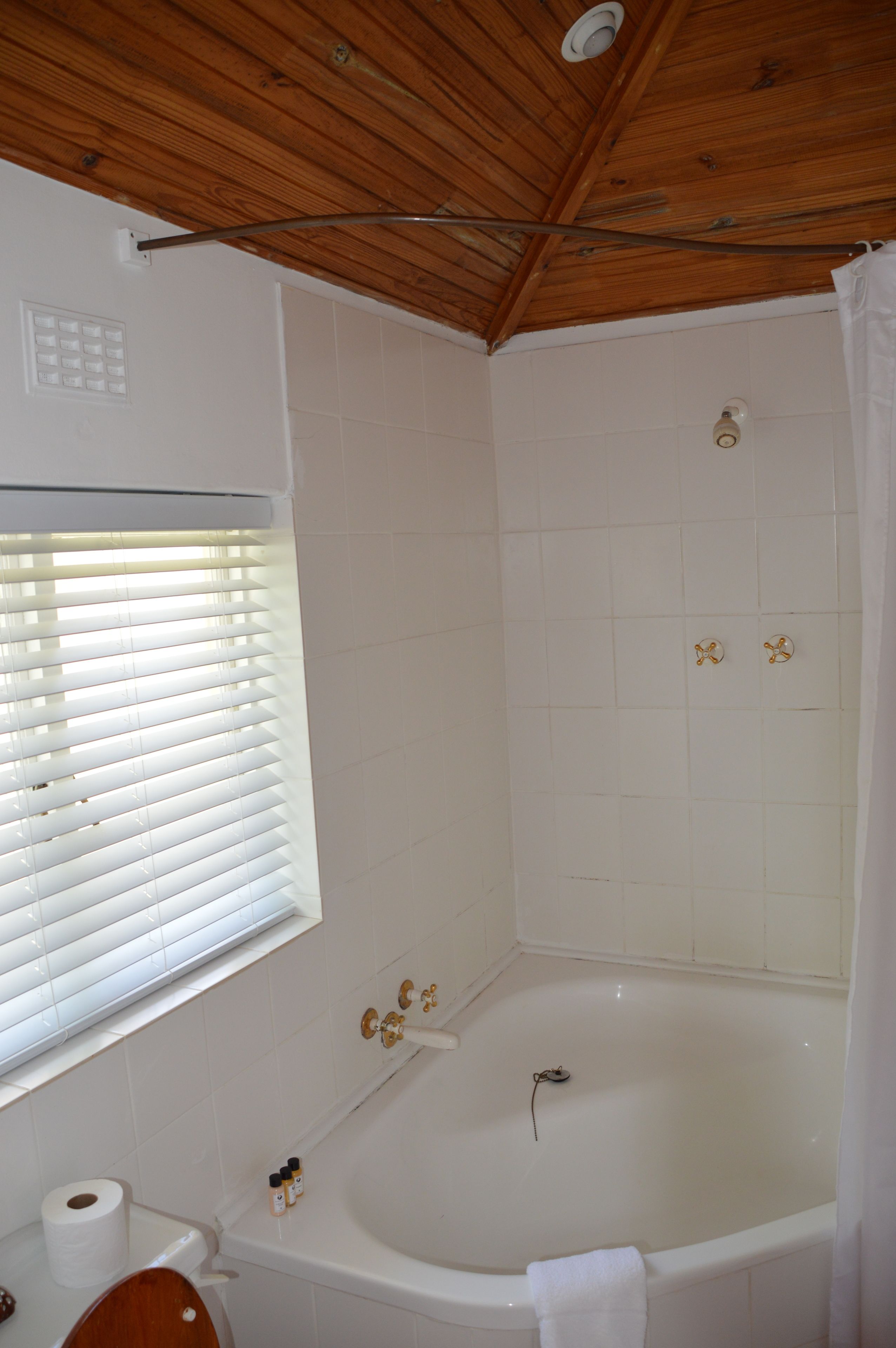 Ein Badezimmer mit Holzboden, einer Badewanne, einer Toilette und einem Fenster mit Jalousien.