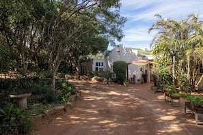 A courtyard with a paved path, surrounded by trees and potted plants, leading to a building with a white facade and a small garden area. - Woodlands Cottages & Camping (Kenton on Sea)