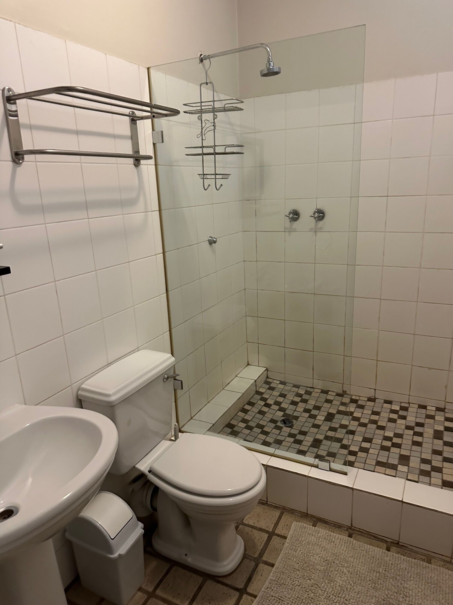 Un baño con inodoro, lavamanos y ducha.