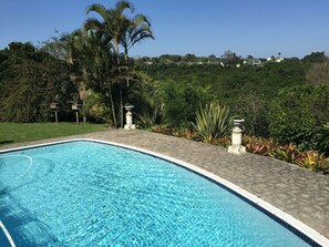 A swimming pool with clear blue water, surrounded by lush greenery and a stone deck. - theSolution BnB (East London)