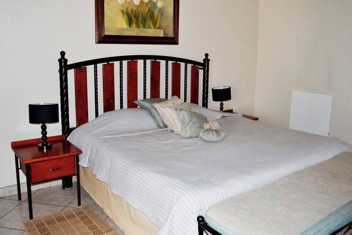 A bedroom with a bed, two bedside tables, a nightstand, a lamp, a pillow, and a framed picture on the wall.