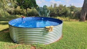 A round above-ground pool with a wooden ladder and a small wooden stool, surrounded by grass and trees. - A Little Guesthouse (Bloemfontein)