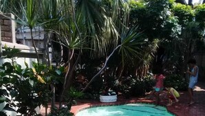 A swimming pool surrounded by potted plants and trees. - Beechwood B&B (Durban)