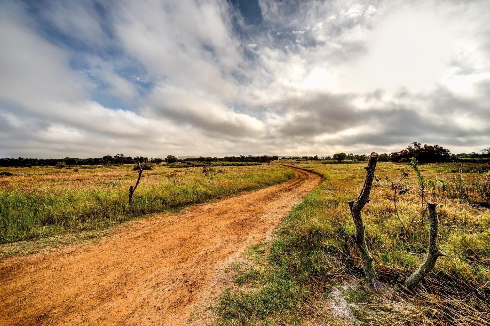 A dirt road curving through a grassy field with a cloudy sky above.