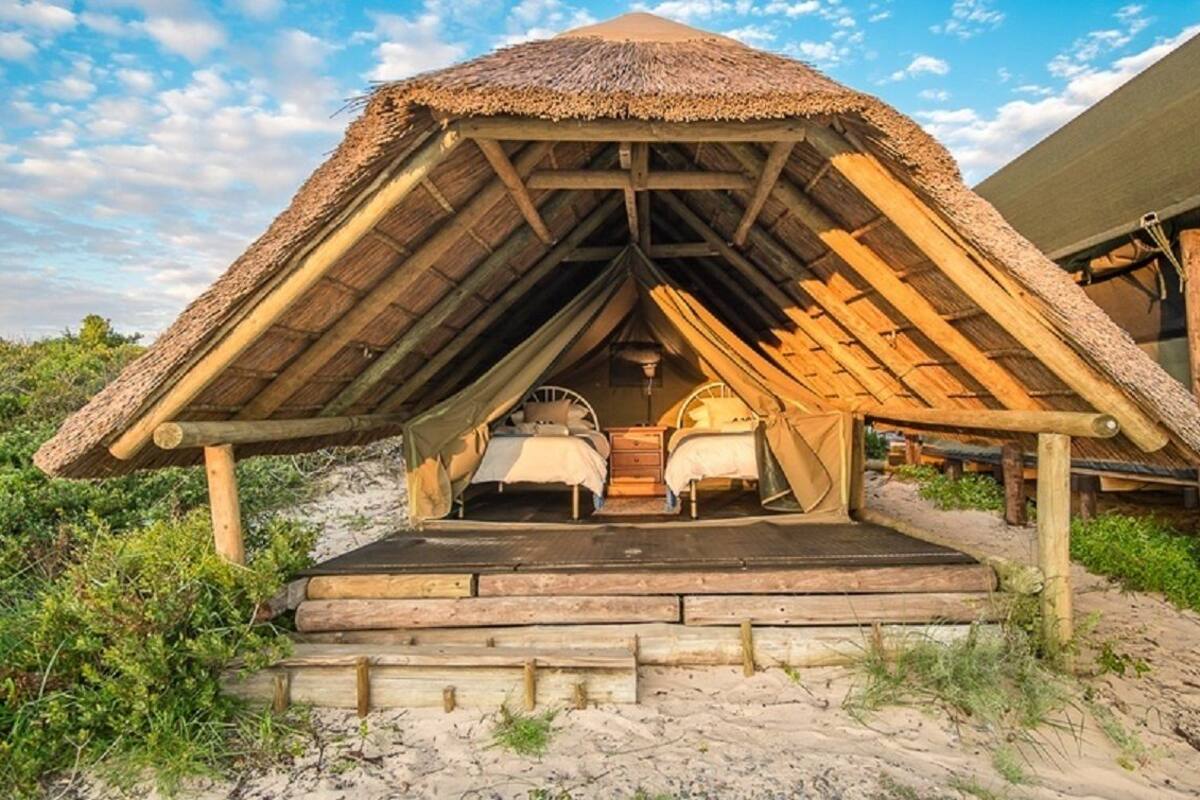 A thatched-roof structure with two beds and a small table, surrounded by natural vegetation.