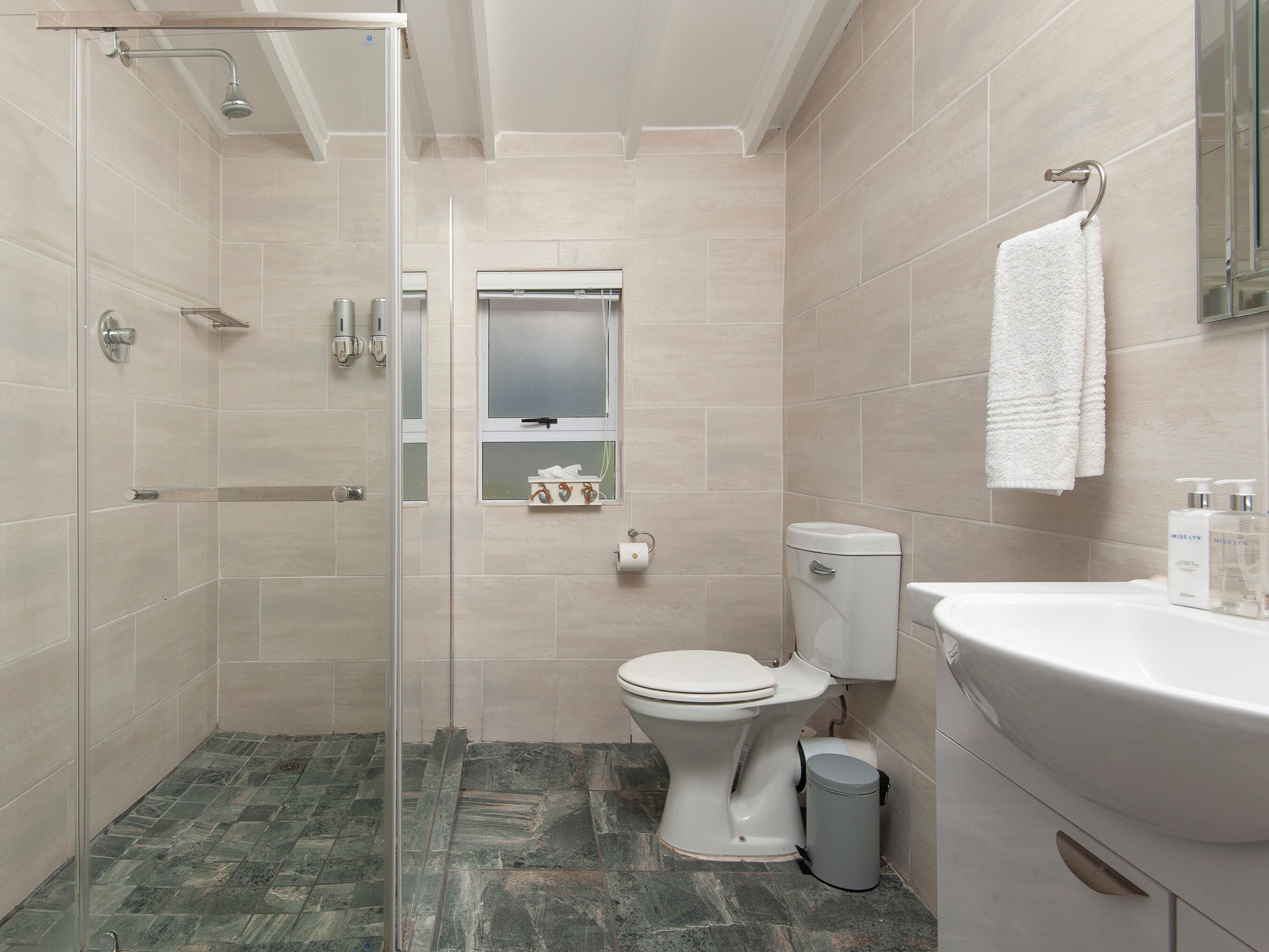 A modern bathroom with a glass shower enclosure, a toilet, and a sink with a mirror.