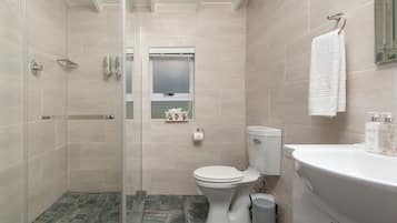 A modern bathroom with a glass shower enclosure, a toilet, and a sink with a mirror.