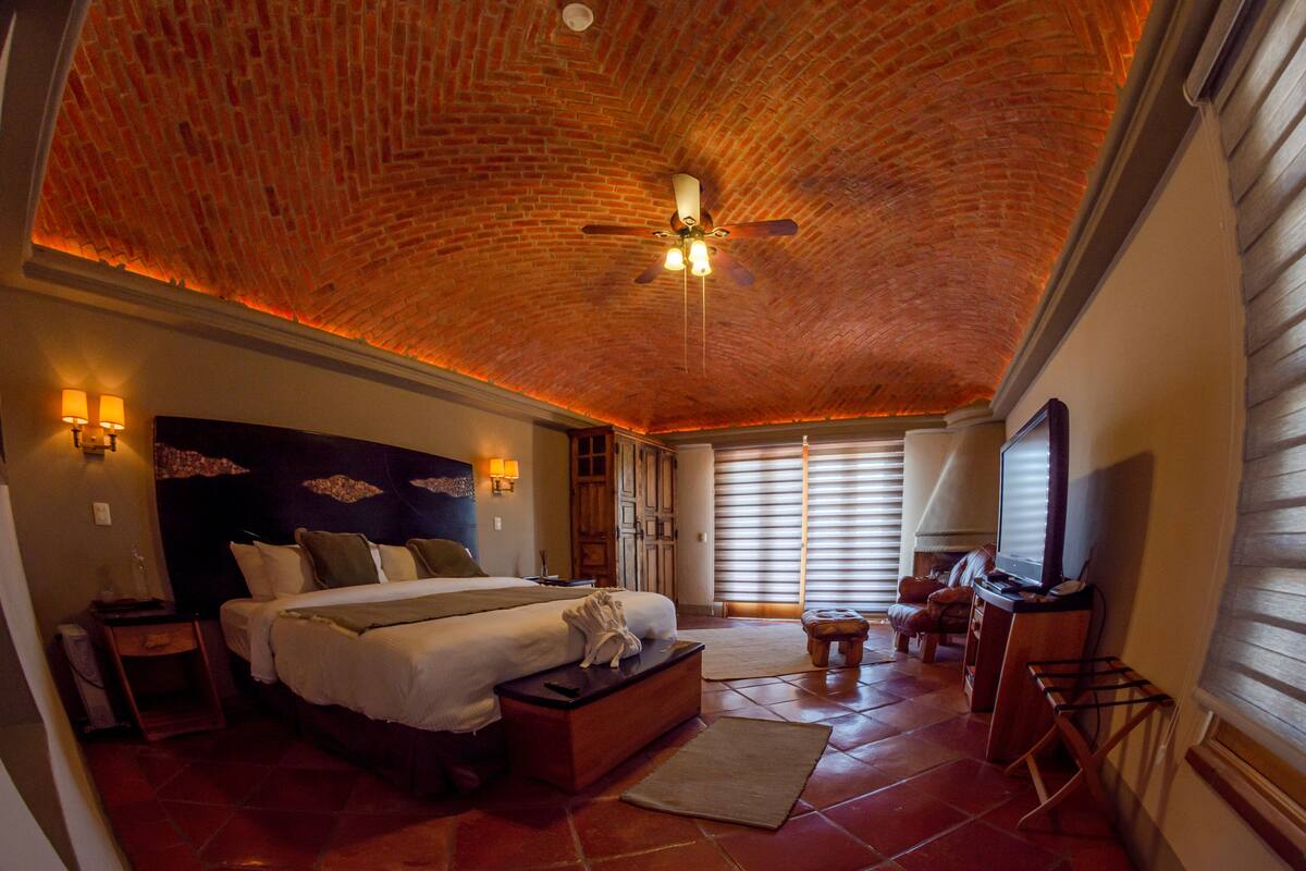 A spacious bedroom with a brick ceiling, a large bed, a television, and a desk.