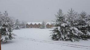 Een besneeuwd landschap met een rij bakstenen gebouwen, vermoedelijk een hotel of lodge, omringd door sneeuwzware bomen.