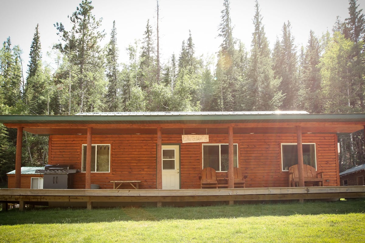 A rustic cabin with a porch, a grill, and a door labeled "Cottage."