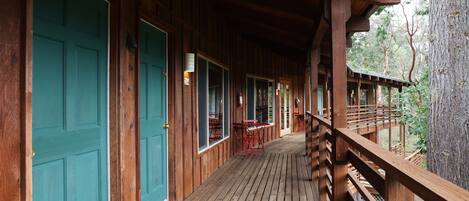 A wooden porch with teal doors and a wooden railing overlooking a forested area.