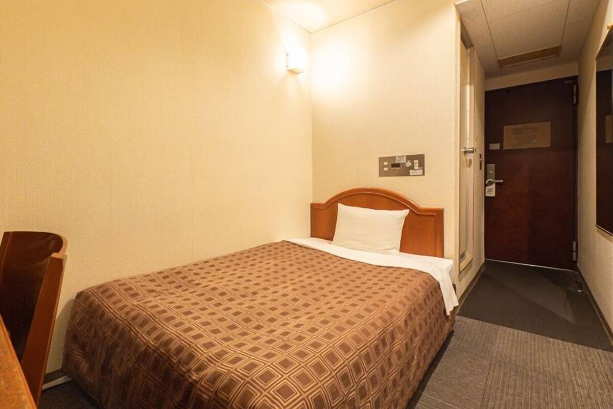 A hotel room with a bed, a desk, a chair, a television, and a door.