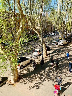 A tree-lined street with parked cars and pedestrians. - Trastevere Royal Suite (Rome)