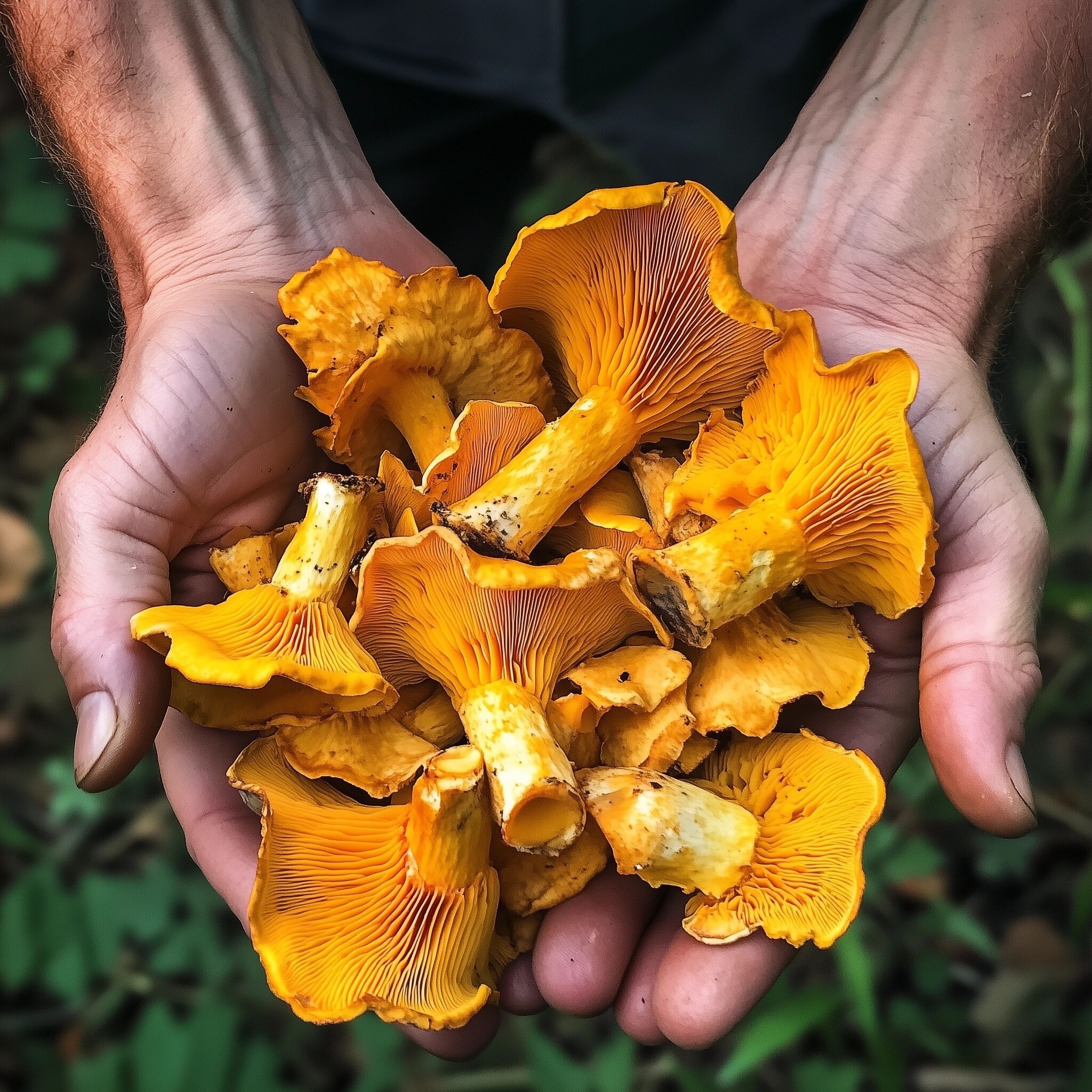 A person holding a bunch of orange mushrooms.