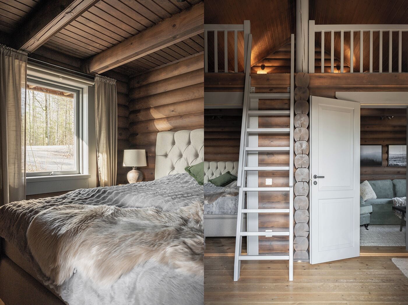 A log cabin bedroom with a bed, a nightstand, a lamp, and a window with curtains.