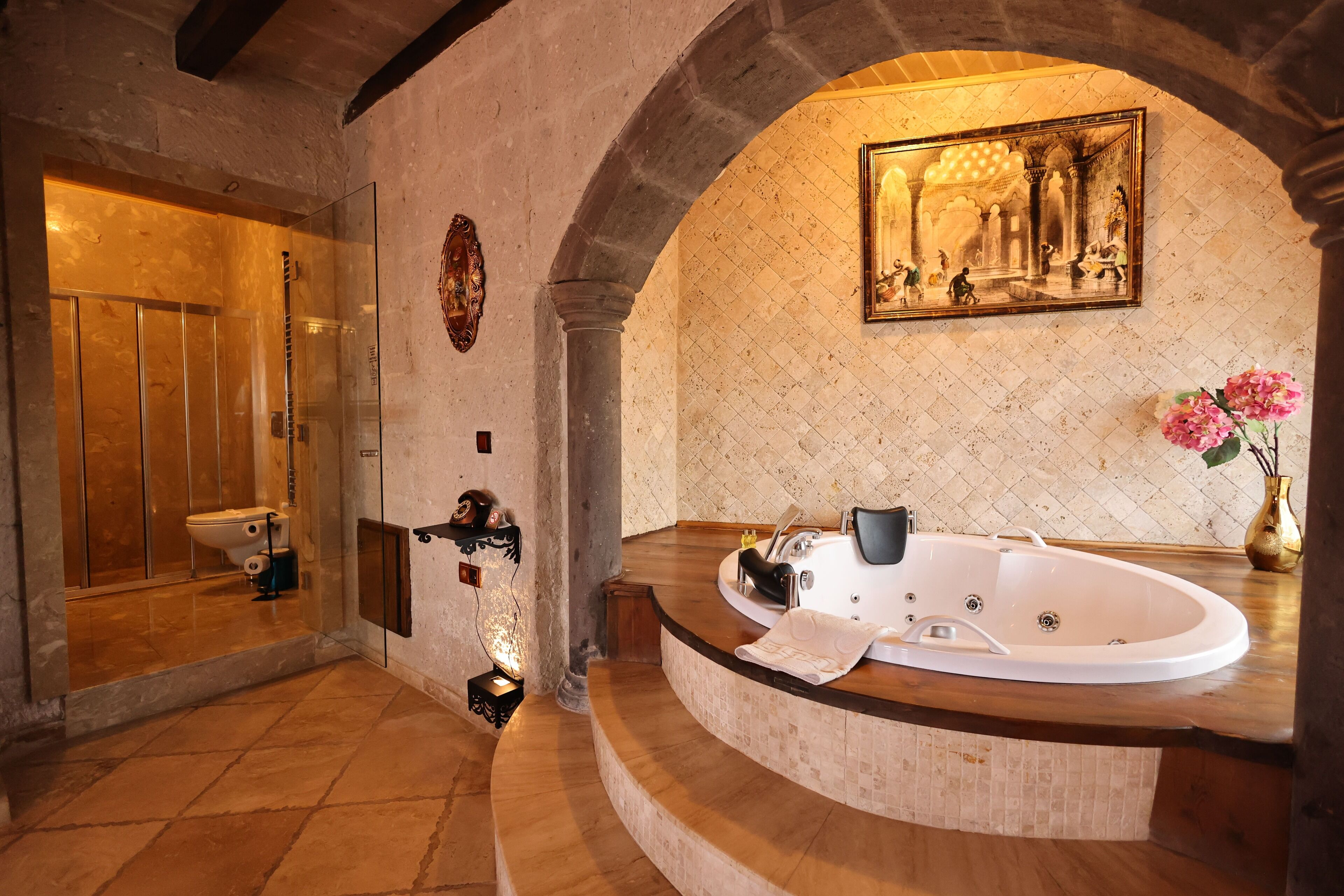 panoramic king stone | bathroom | free toiletries, hair dryer, slippers, towels