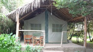 A rustic tent with a thatched roof, a small porch with two wooden chairs, and a concrete platform.