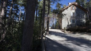 Une maison en pierre avec un toit en pente, entourée de grands pins.