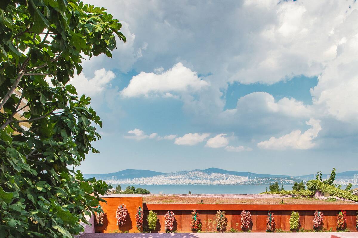 Un balcón con vista a un paisaje urbano, un edificio rojo con una fila de plantas y un banco de madera.