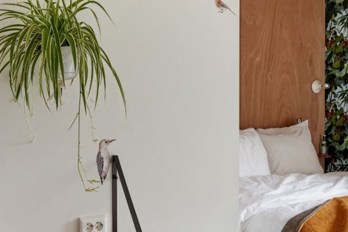 A bedroom with a bed, a wooden headboard, a hanging plant, and a wall-mounted light fixture.