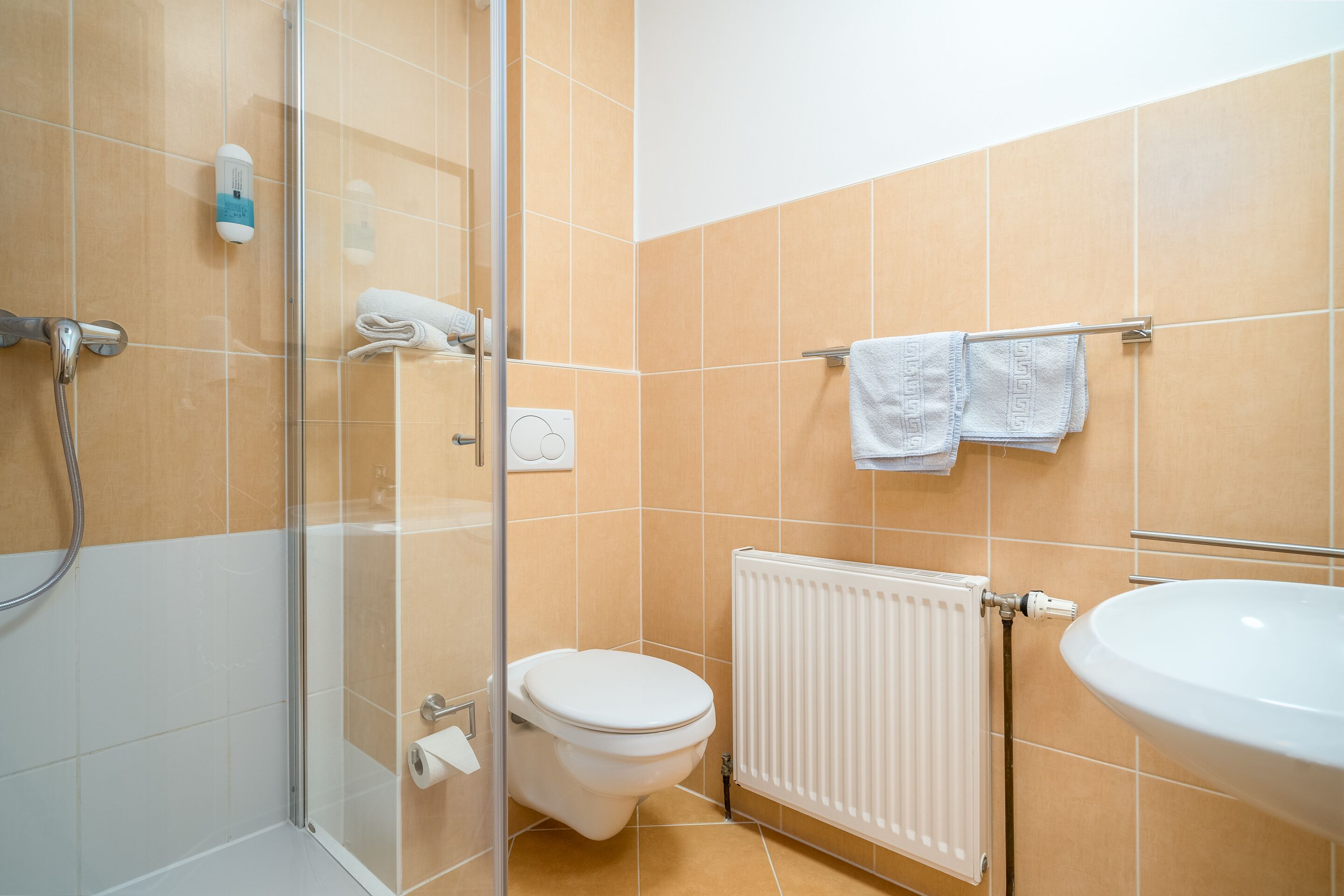 A bathroom with a glass shower enclosure, a toilet, a radiator, and a sink.