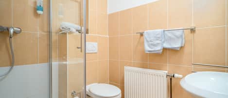 A bathroom with a glass shower enclosure, a toilet, a radiator, and a sink.