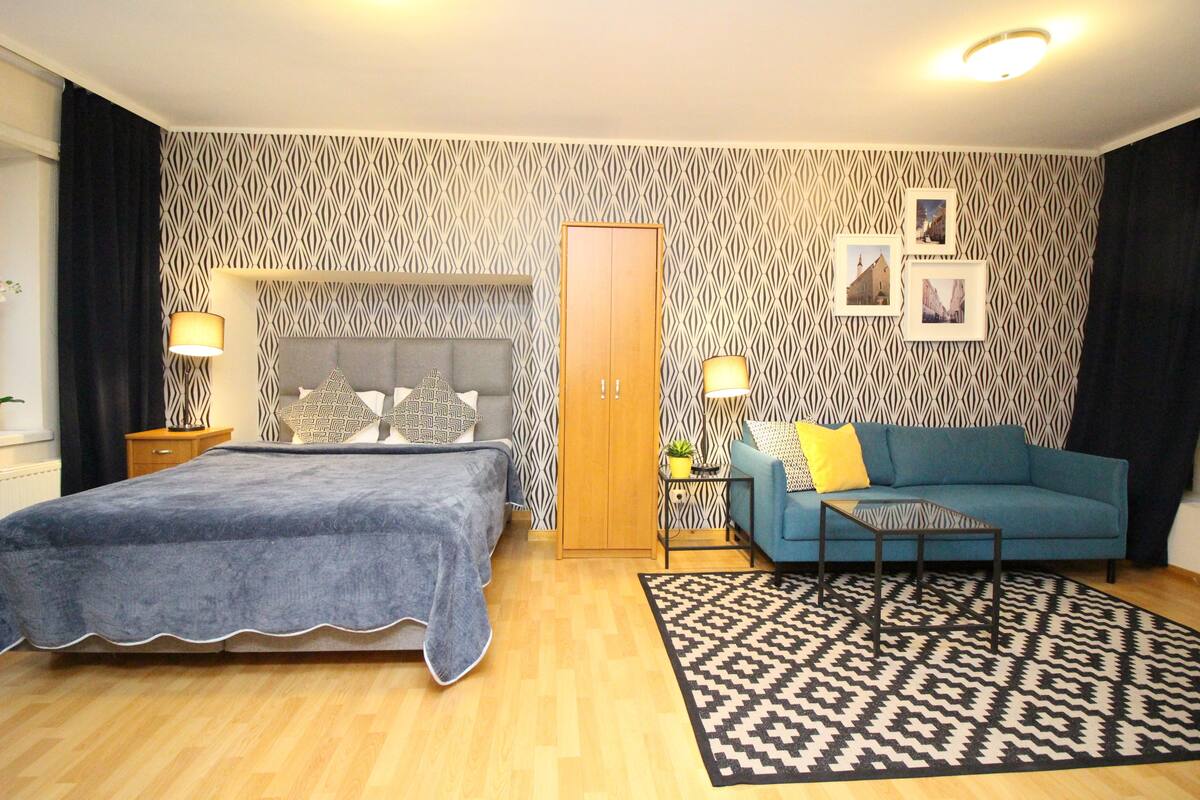 A bedroom with a bed, a sofa, a wardrobe, and a patterned rug.