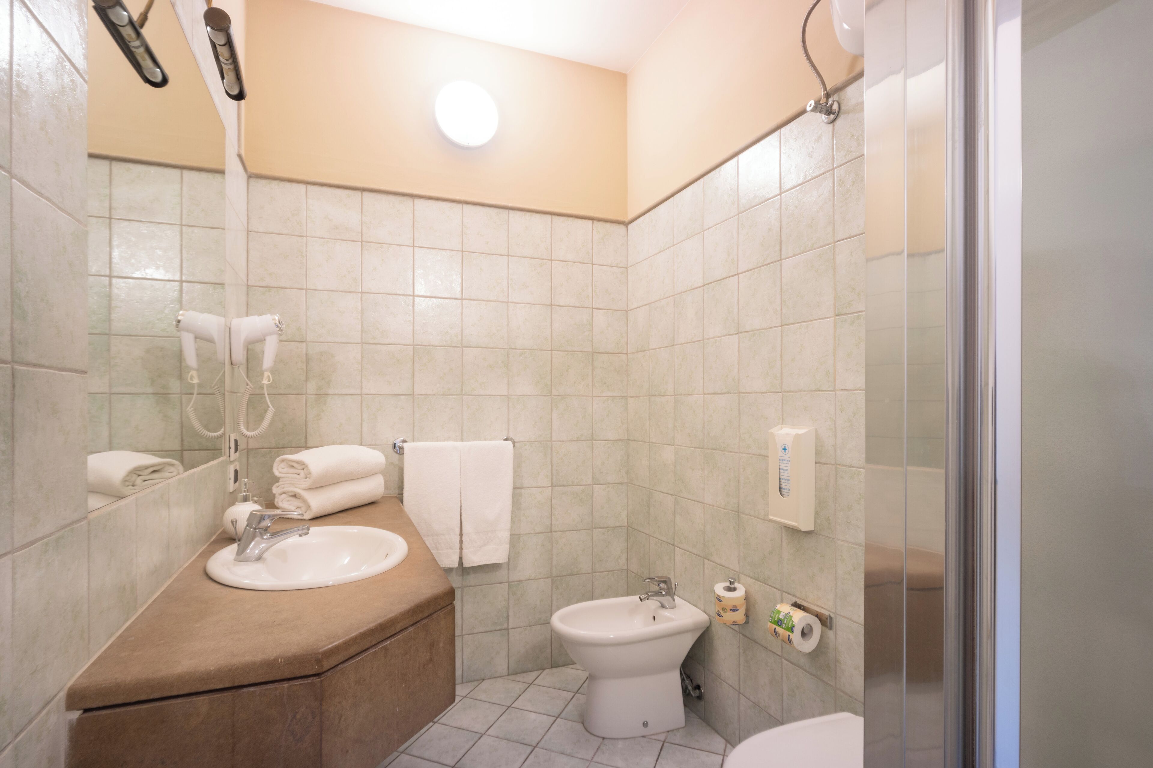 A bathroom with a sink, bidet, and a mirror.
