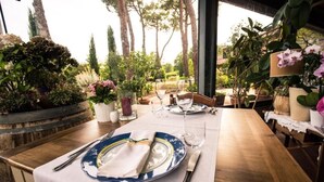 Mesa con platos, cubiertos y vasos, rodeada de plantas en macetas y vista a árboles.