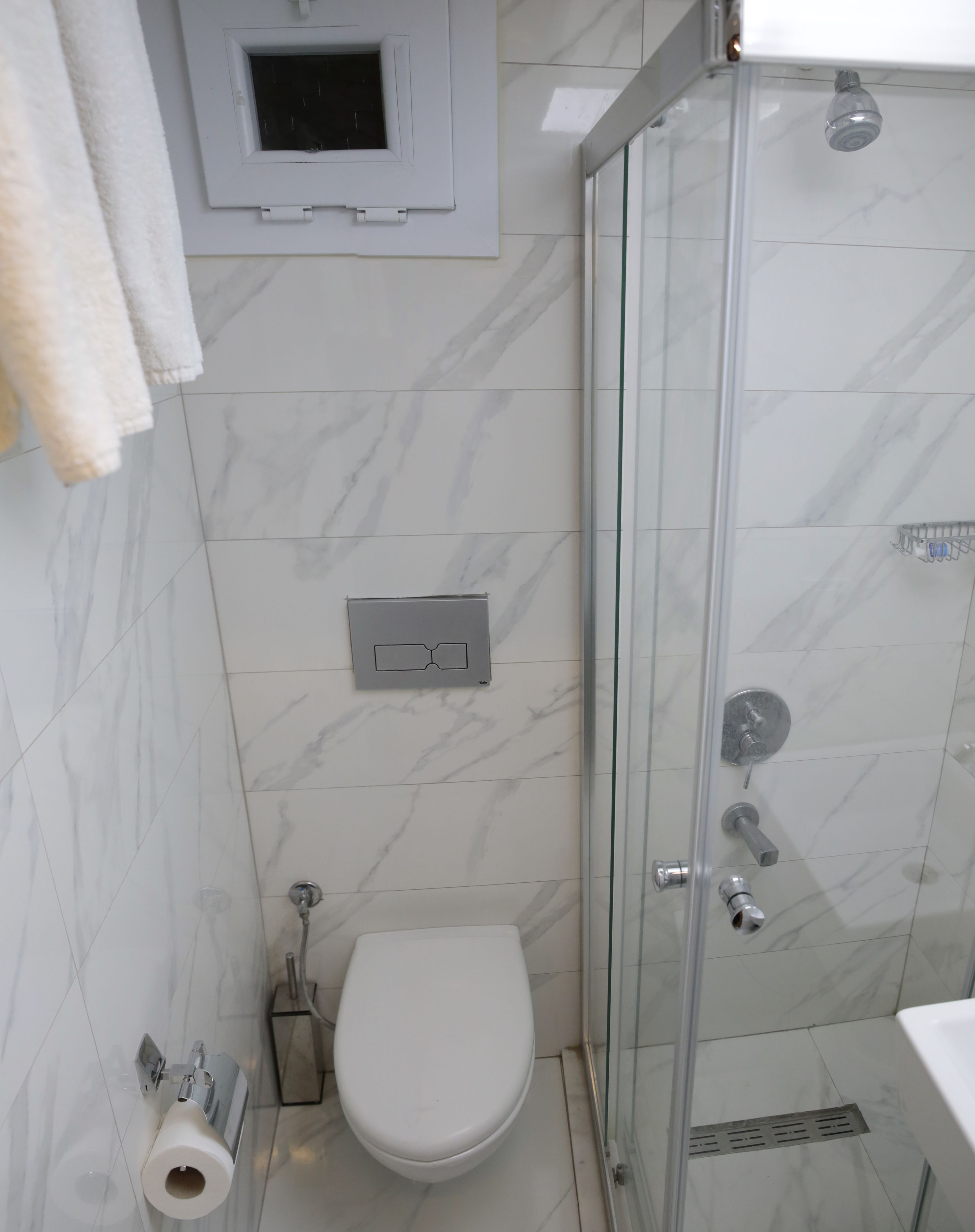 A modern bathroom with a glass-enclosed shower, a toilet, and a towel rack.