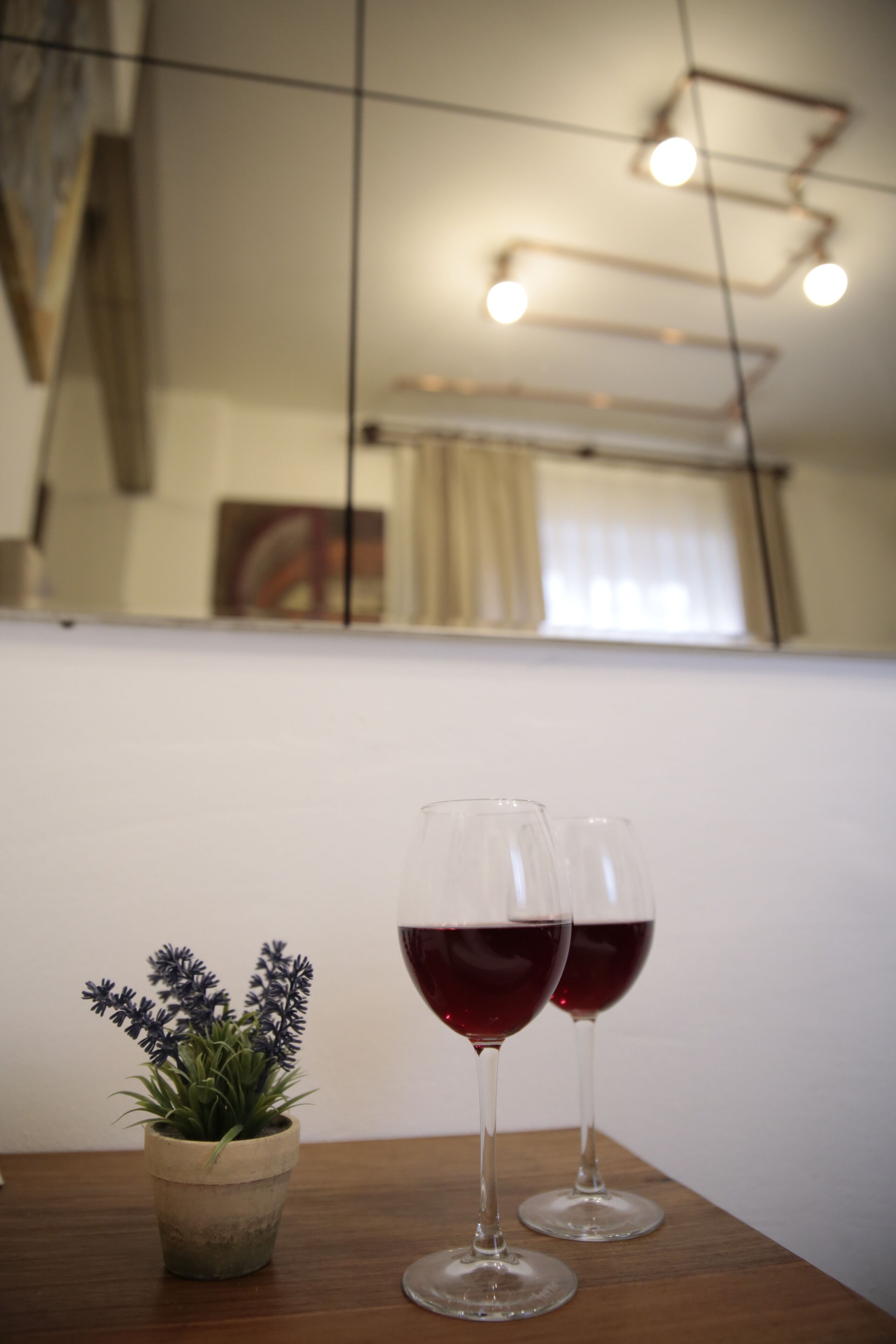 A small potted plant and two wine glasses on a wooden table in a room with a white wall and a window with curtains.