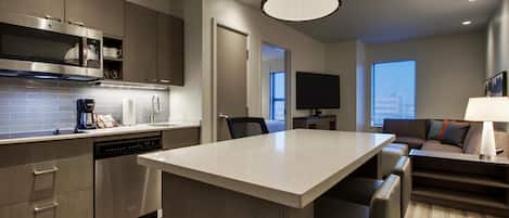 Microwave, coffee/tea maker, cookware/dishes/utensils