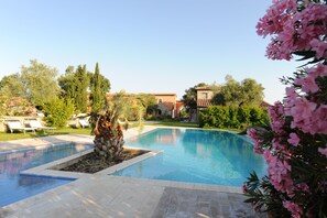 Seasonal outdoor pool, pool loungers