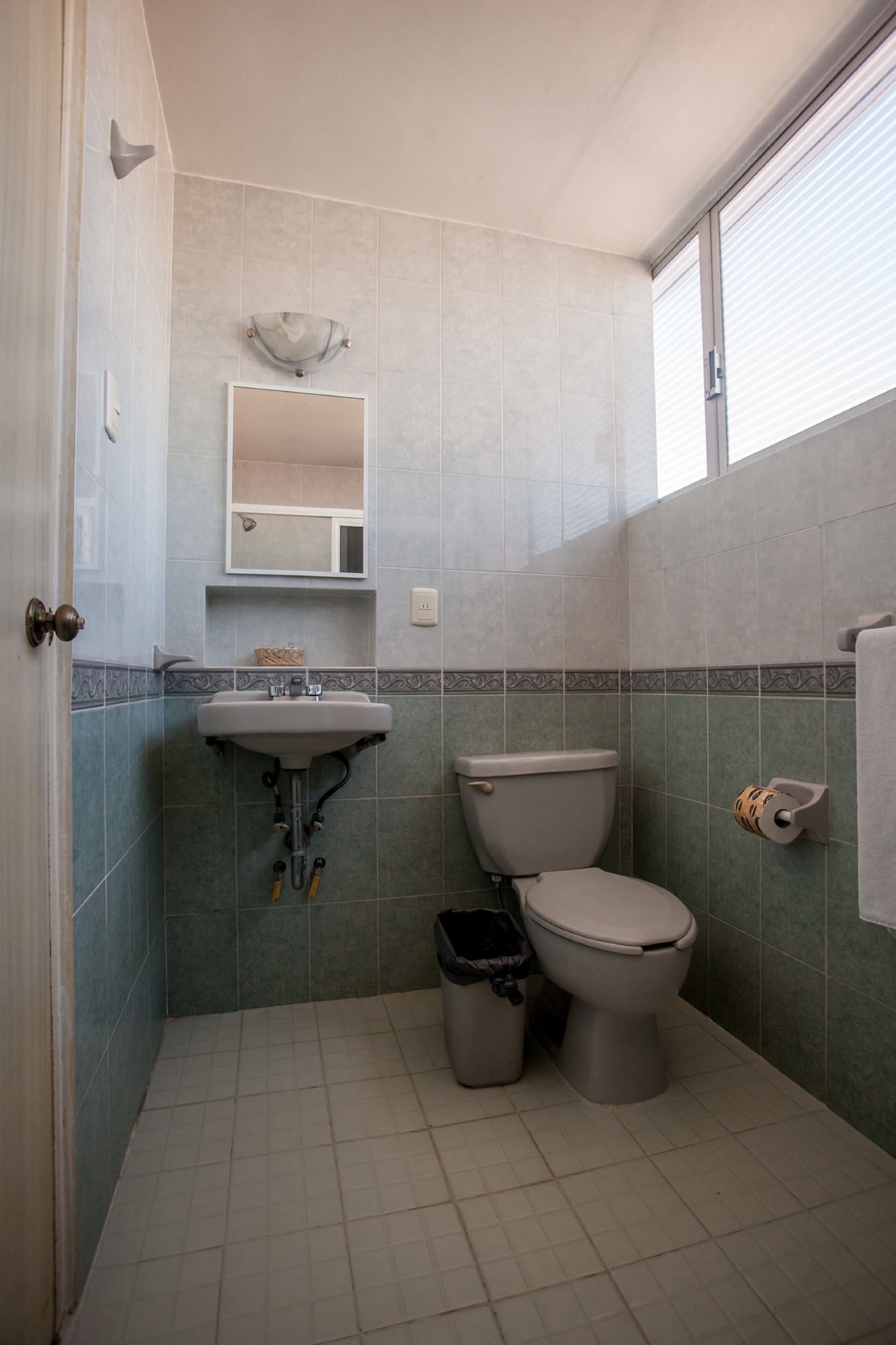 A bathroom with a sink, toilet, and mirror.