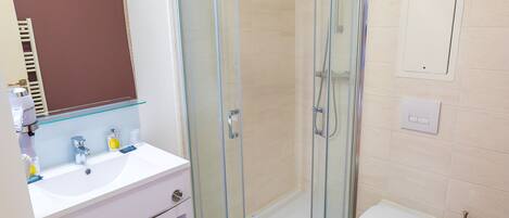 Ein modernes Badezimmer mit einer Duschkabine, einem weißen Waschbecken mit Spiegel und einer Toilette.