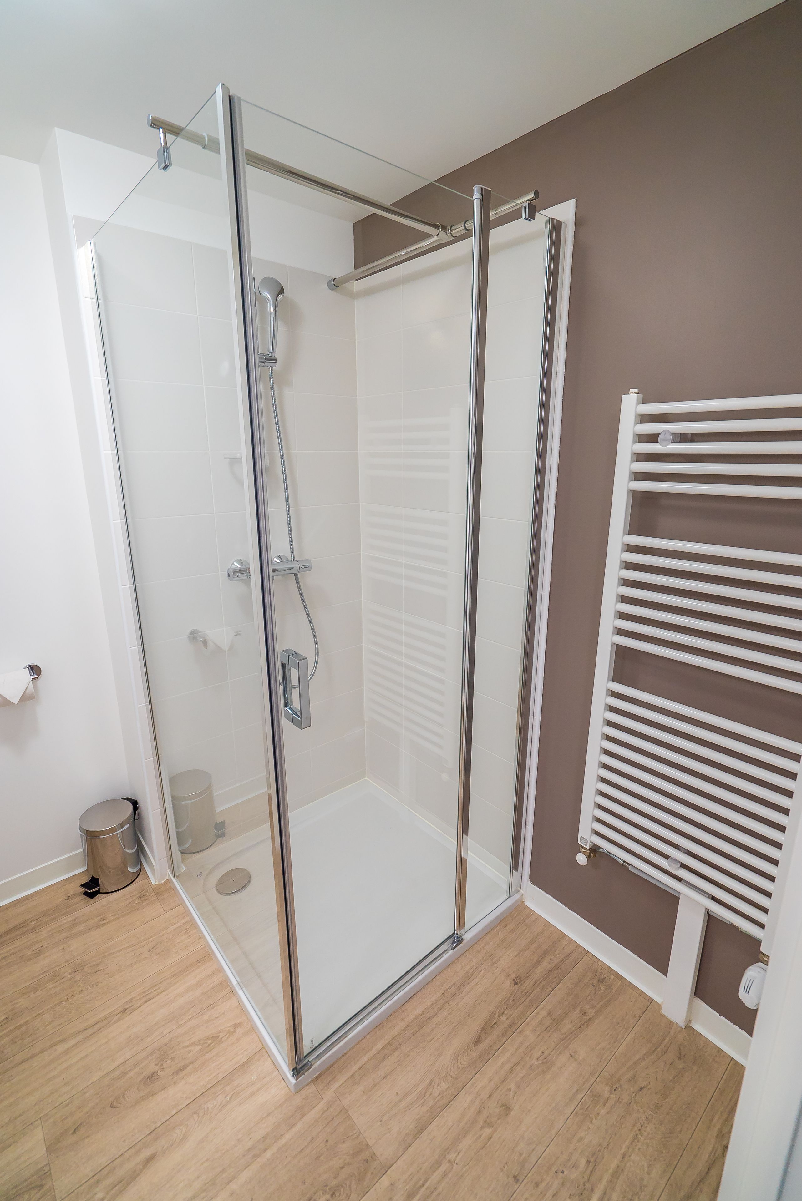 Une douche fermée par des parois en verre, avec un porte-serviettes blanc et un radiateur blanc.