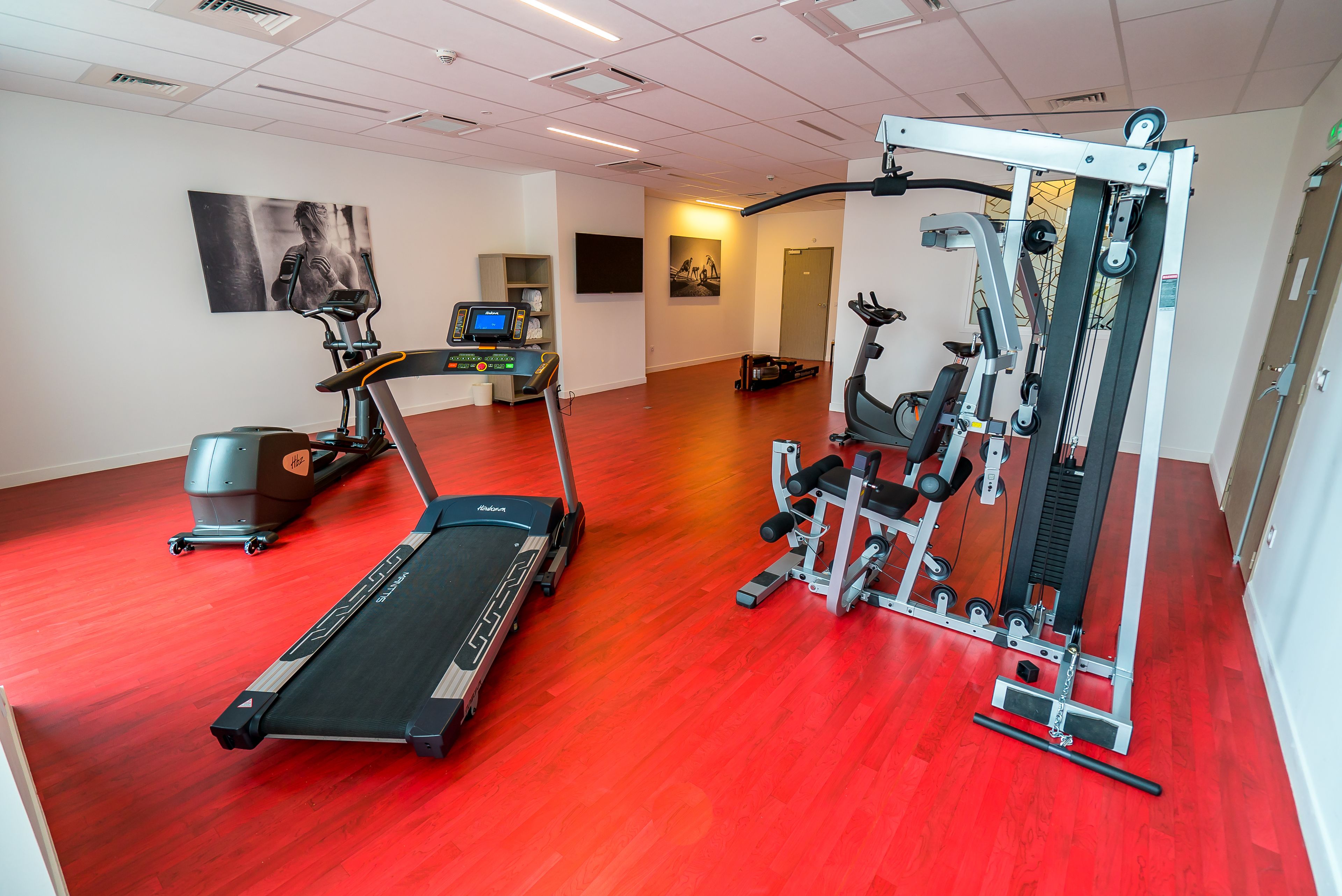 A gym with a treadmill, elliptical, and weight machines.