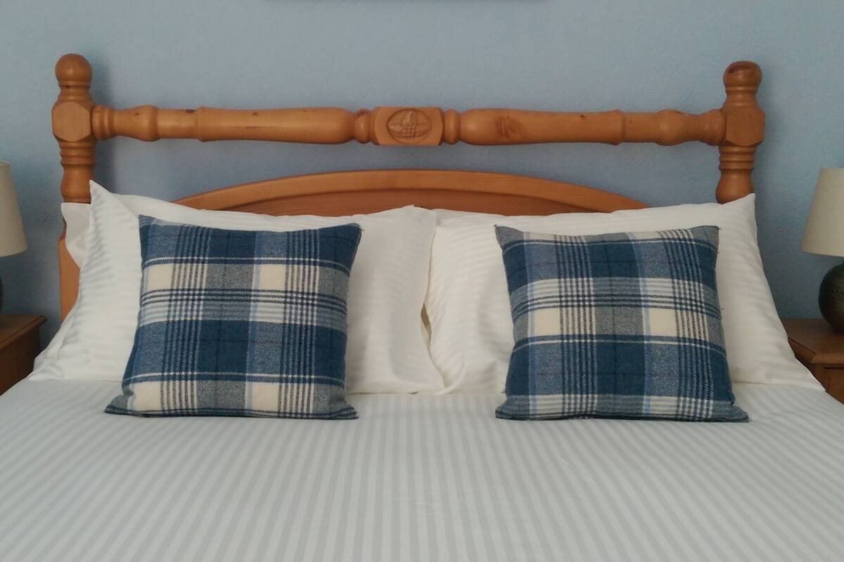 A bed with a wooden headboard, two white pillows, two plaid pillows, and two bedside tables with lamps.